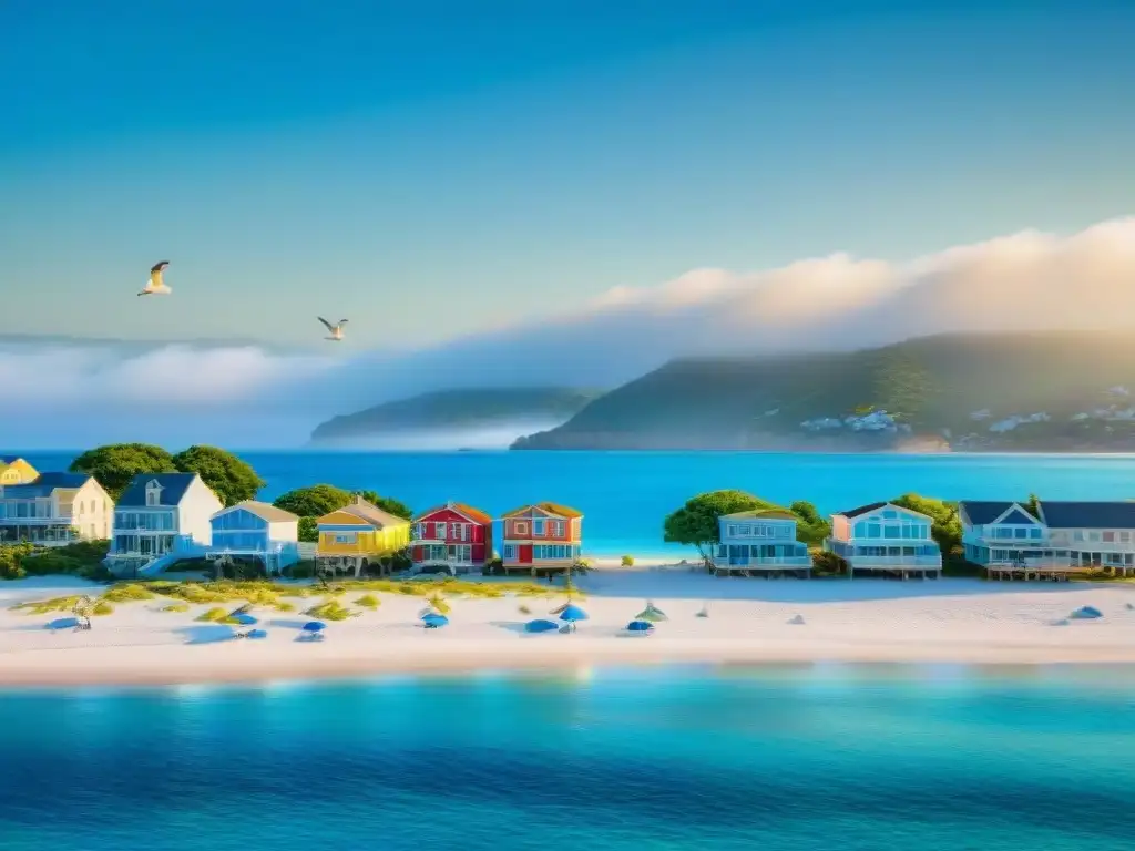 Costa tranquila con casas coloridas y símbolos de seguro Una tranquila costa con casas playeras coloridas y símbolos de seguro integrados, destacando la importancia del seguro propiedad costera