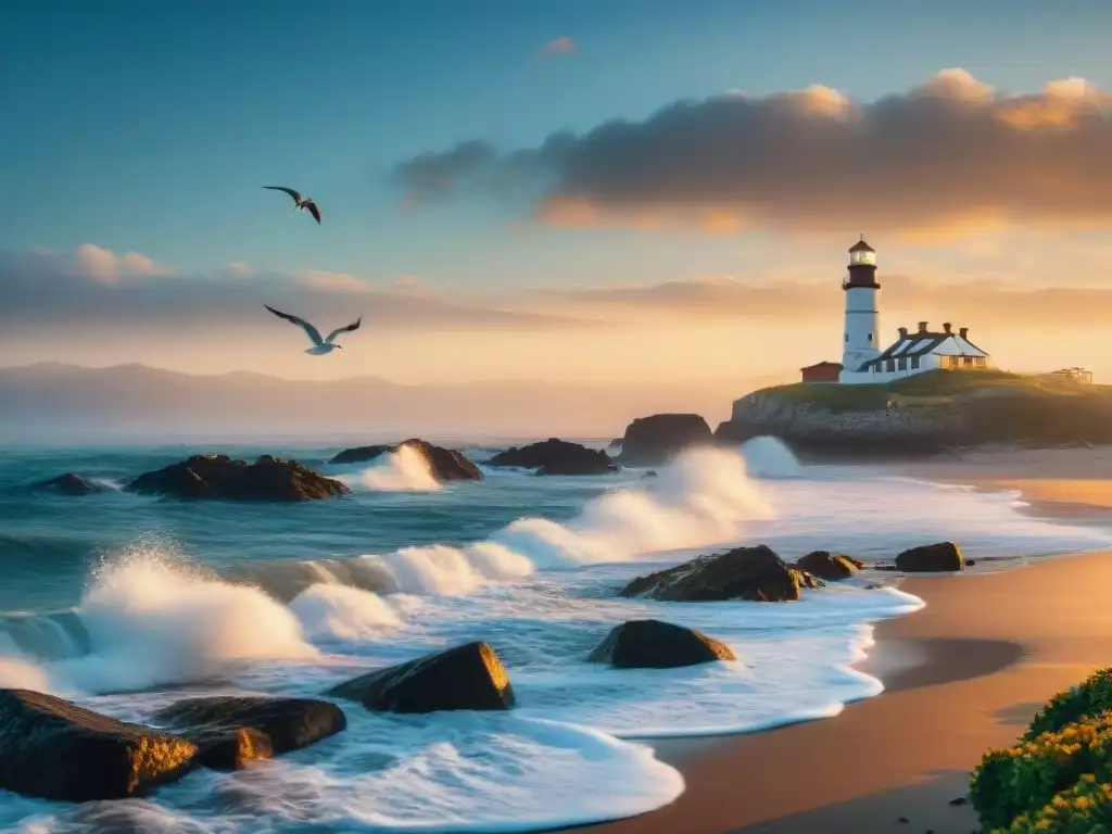 Amanecer sereno en la costa: protección de seguros para hogares Tranquila costa al amanecer, olas suaves, gaviotas, lejano faro