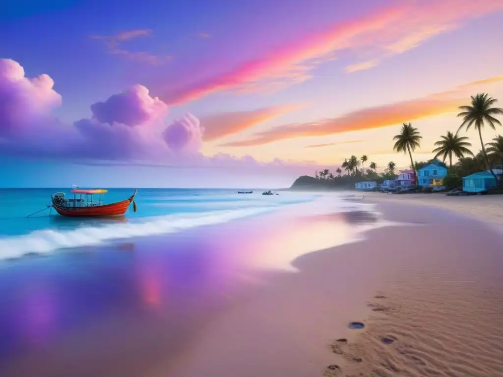Tranquilidad costera al atardecer: jubilados felices en la playa Tranquila vida costera para el retiro: Ancianos paseando de la mano en un atardecer pintoresco junto a coloridos barcos pesqueros
