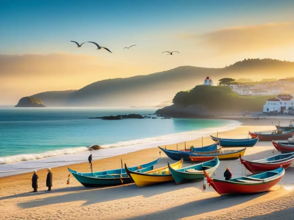 Amancer sereno en pueblo costero: pesca, Tai Chi y gaviotas Un tranquilo pueblo costero al amanecer con pescadores y locales practicando Tai Chi en la playa