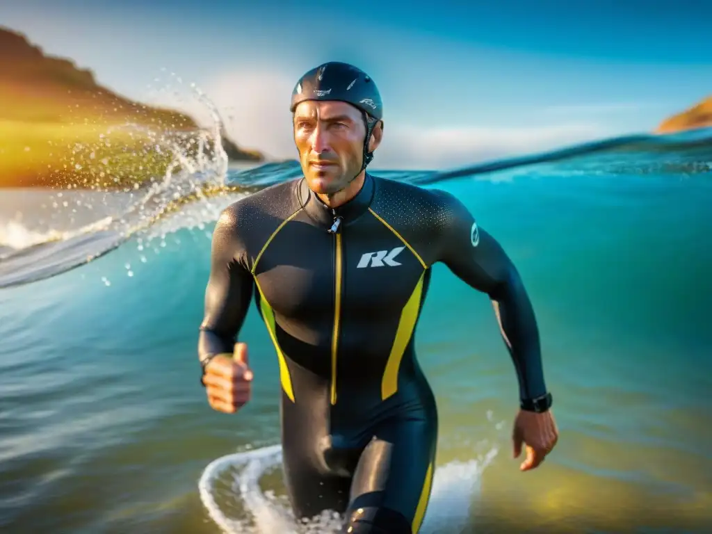 Triatleta emergiendo en aguas cristalinas: preparación intensa Triatleta emergiendo del agua cristalina en un entorno costero, con gotas brillantes al sol