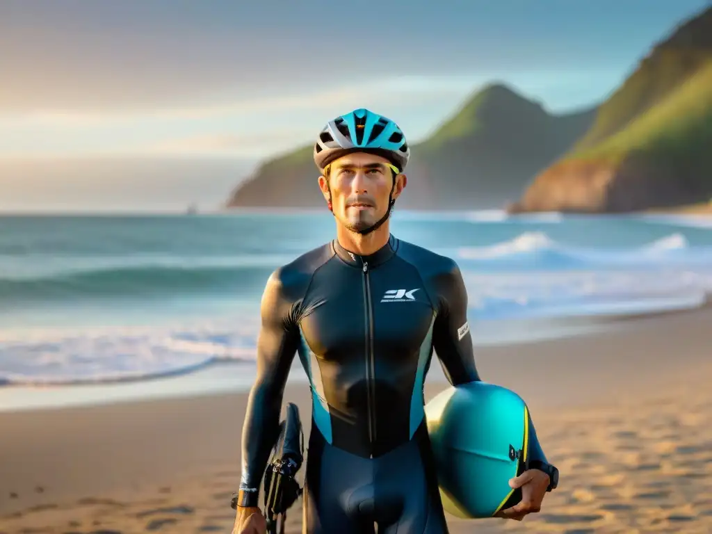Preparación triatlón costero: atleta listo al amanecer Un triatleta profesional en la playa al amanecer con equipo completo para triatlones en entornos costeros