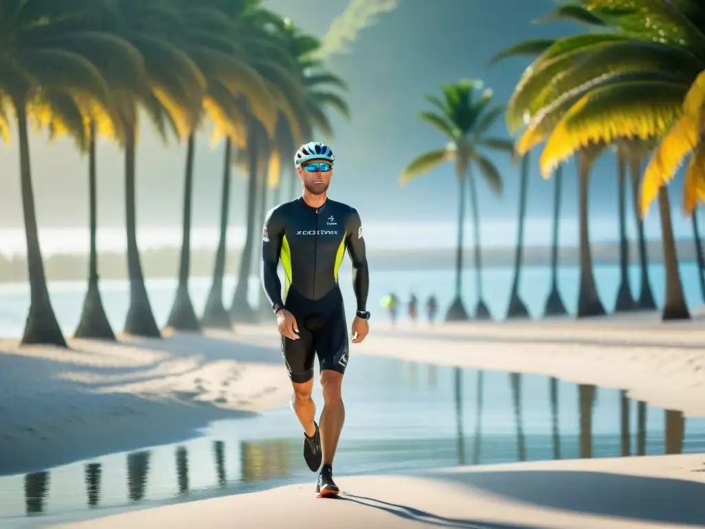 Triatletas en paraíso: Transición bajo el sol Triatletas emergen del agua cristalina en un paraíso tropical, listos para el ciclismo