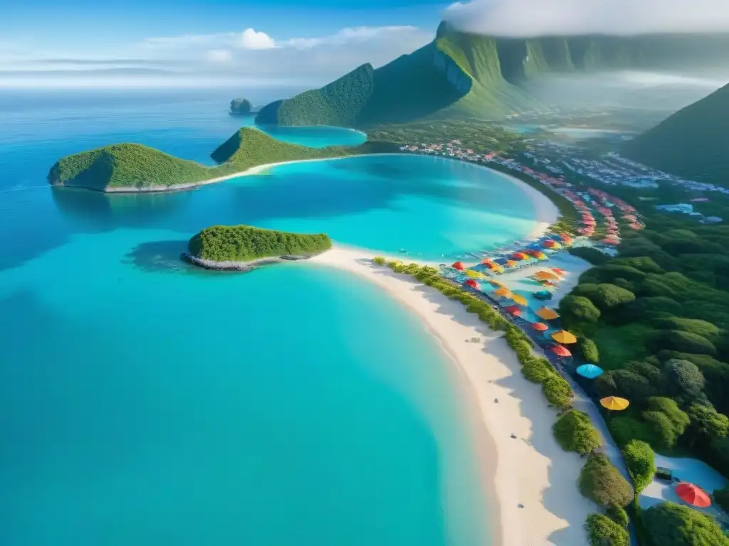 Costa vibrante: turquesa y arena dorada, montañas verdes al fondo Turismo costero sostenible en armonía con la naturaleza: comunidad costera vibrante, playas doradas y agua turquesa