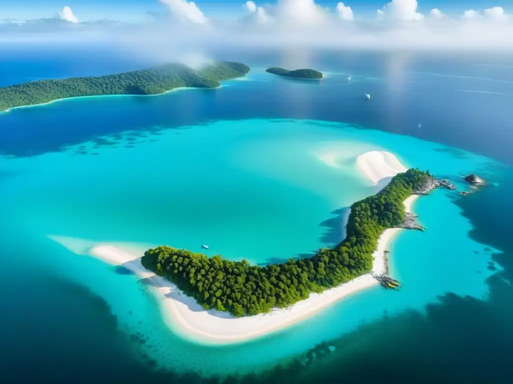 Paraíso costero: aguas turquesas y arena blanca en un oasis natural Turismo costero sostenible sin impacto: Costa virgen con aguas turquesa, arena blanca, bosque verde y botes flotando