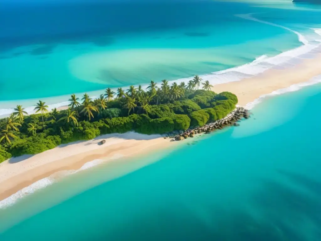 Paraíso sostenible: Playa virgen al amanecer con turismo responsable Turismo sostenible en costas internacionales: Amanecer en una playa paradisíaca con aguas turquesas y turistas comprometidos