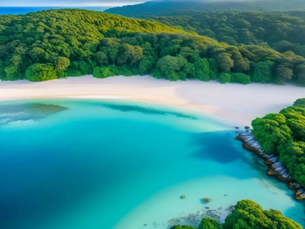Playa virgen al amanecer: arrecifes de coral y biodiversidad en armonía Turismo sostenible en zonas costeras: Playa virgen al amanecer, arrecifes de coral coloridos bajo el agua cristalina y bosque exuberante en el fondo