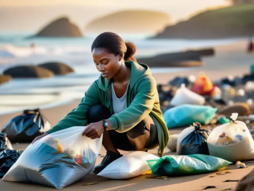 Comunidad unida limpia playa: diversidad y compromiso Unidos por la conservación costera, comunidad diversa limpia playa de plástico al atardecer
