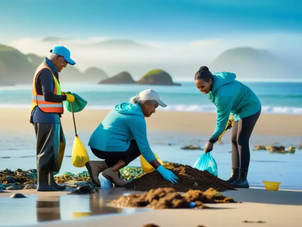 Colectiva limpieza costera: comunidad diversa unida por el medio ambiente Unidos en un proyecto comunitario de limpieza costera, destacando la diversidad y la armonía