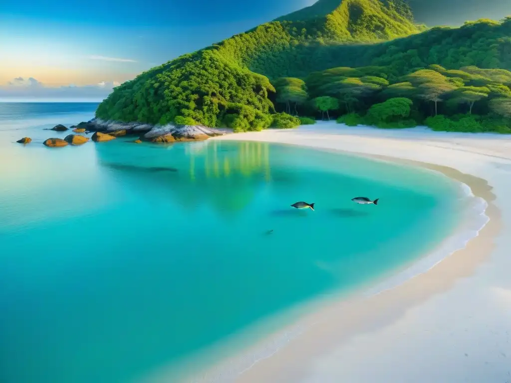 Amanecer en Costa Virgen: Naturaleza en Armonía Vacaciones ecológicas en la costa: amanecer sereno en una playa virgen con aguas turquesa y vida silvestre vibrante
