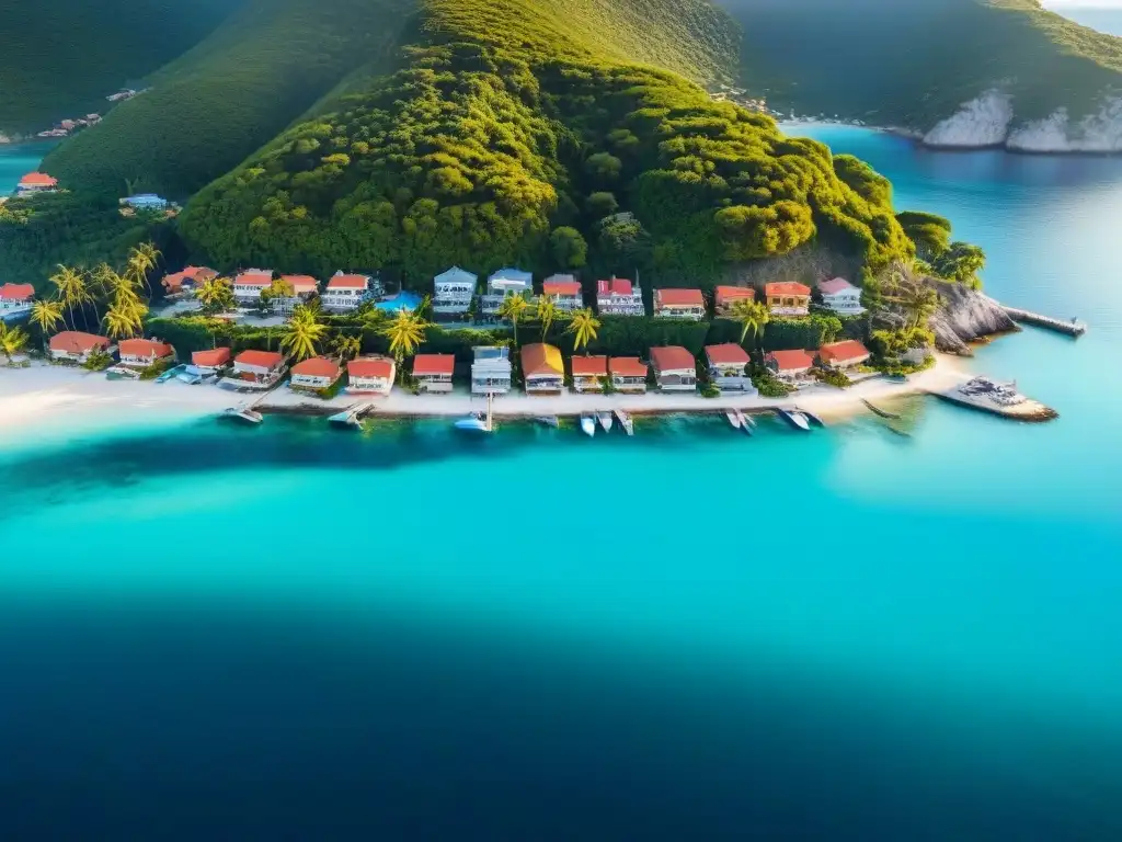 Paraíso costero: vista aérea de pueblo vacacional en aguas turquesa Vacaciones de ensueño en propiedades costeras de alquiler vacacional 2023