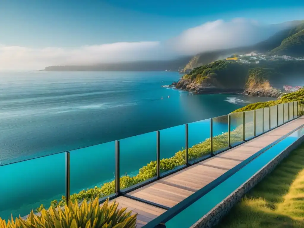 Barandilla de vidrio moderna en paisaje costero Vallas y cercas para propiedades costeras: fusión elegante de cristal, mar y naturaleza en un paisaje armonioso y seguro