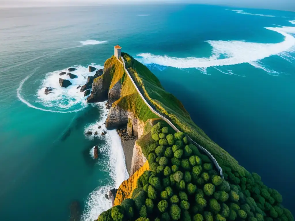 Vista aérea impactante: valla costera robusta y elegante Vallas y cercas para propiedades costeras: Una vista aérea impresionante de una costa escarpada con una valla costera resistente y bien mantenida
