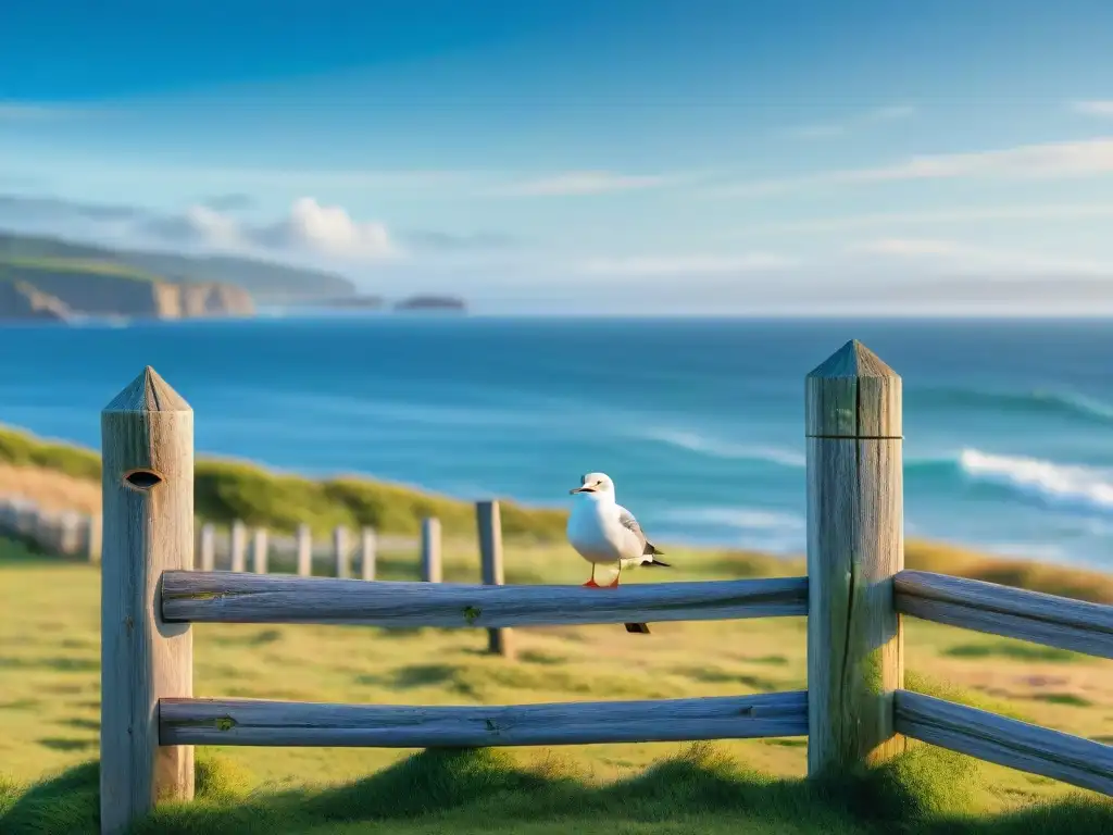 Valla de madera costera: protección y encanto en 8k Vallas y cercas para propiedades costeras: Una cerca de madera protege la propiedad costera, con el océano azul de fondo y gaviotas en los postes