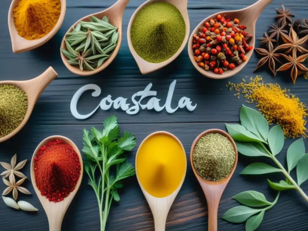 Exquisitas especias costeras: Saffron, anís estrellado, chiles y más Una variedad de especias costeras vibrantes y frescas, potenciando sabores únicos en una mesa de madera rústica