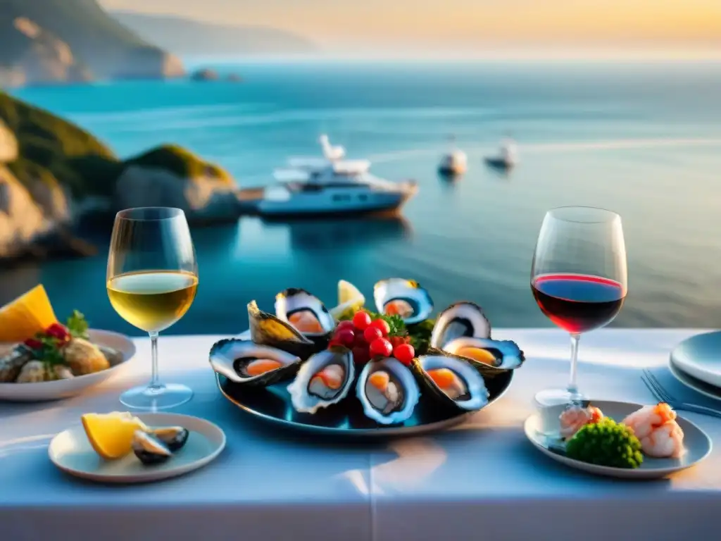 Exquisita cata de vinos y mariscos en la costa Una velada de maridaje vinos mariscos costa en un entorno lujoso y educativo al atardecer