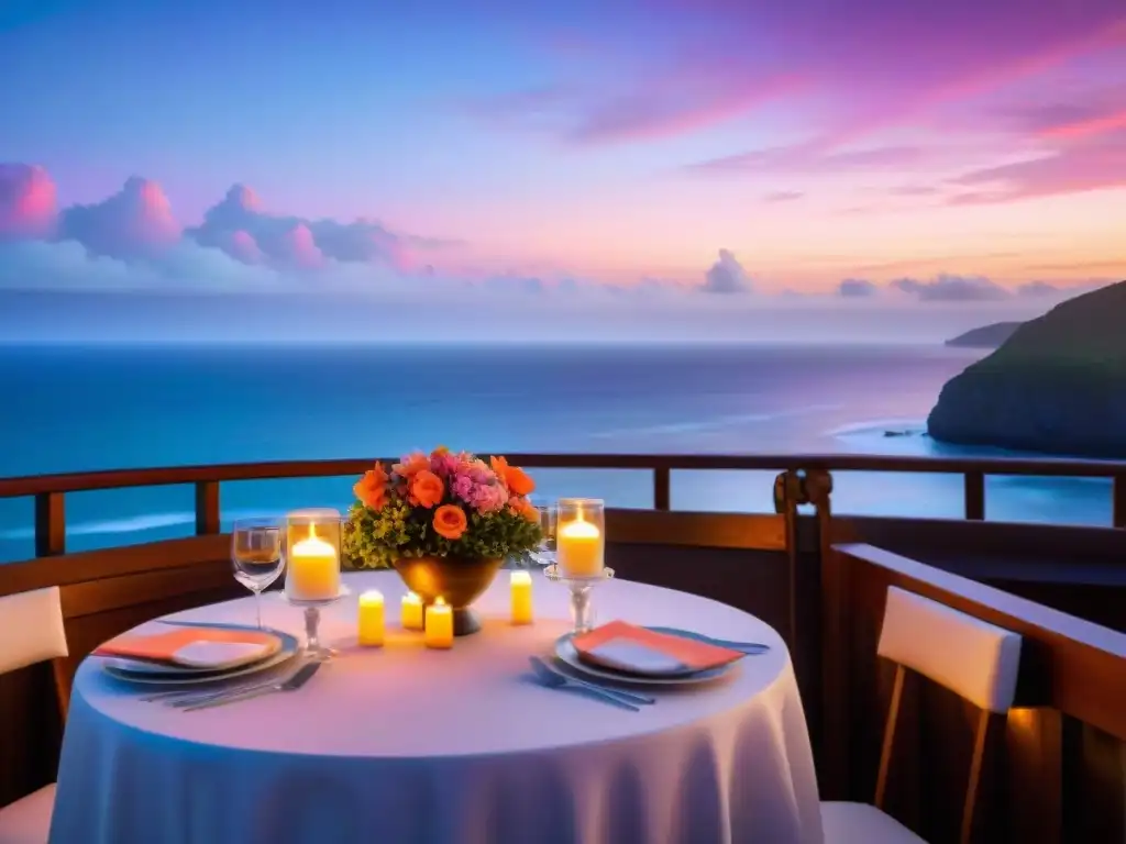 Escena romántica en restaurante frente al mar al atardecer Una velada romántica en un restaurante junto al mar al atardecer, con mesas elegantes iluminadas por velas y flores frescas, con vistas al océano tranquilo bajo un cielo pastel en tonos rosados y naranjas