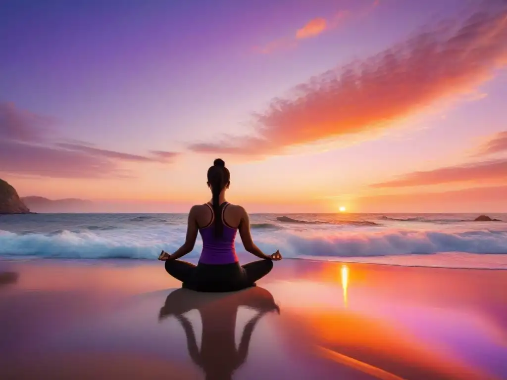 Yoga al atardecer: conexión y serenidad en la playa Disfruta de las ventajas de la vida junto al mar con esta imagen de un atardecer vibrante y una persona practicando yoga en la playa