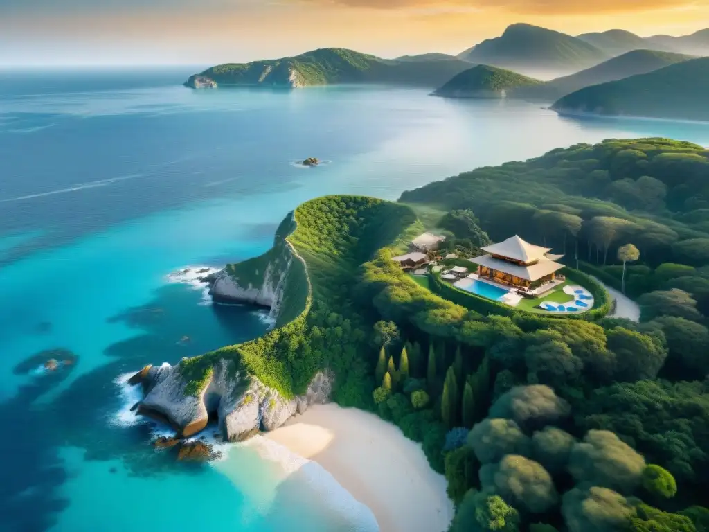 Espectacular atardecer en paradisíaco lugar costero Venue costero para eventos: Una vista aérea impresionante de un escenario costero pintoresco con playa y aguas turquesas