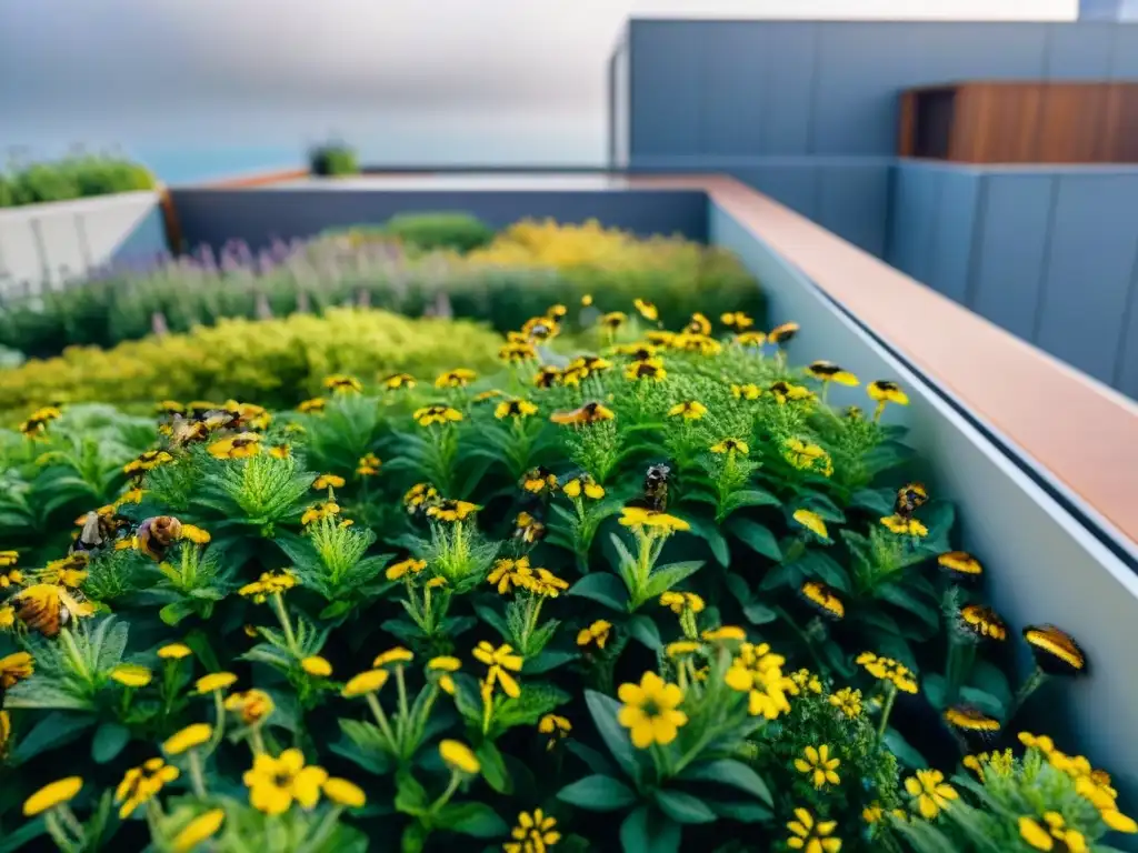 Un jardín verde en la azotea de un edificio sostenible, donde se promueven las Innovaciones en sostenibilidad Estancia Verde