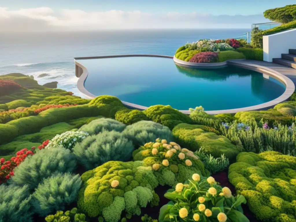 Jardín verde costero: armonía entre naturaleza y mar Jardín verde en tejado costero, lleno de plantas vibrantes con vista al mar
