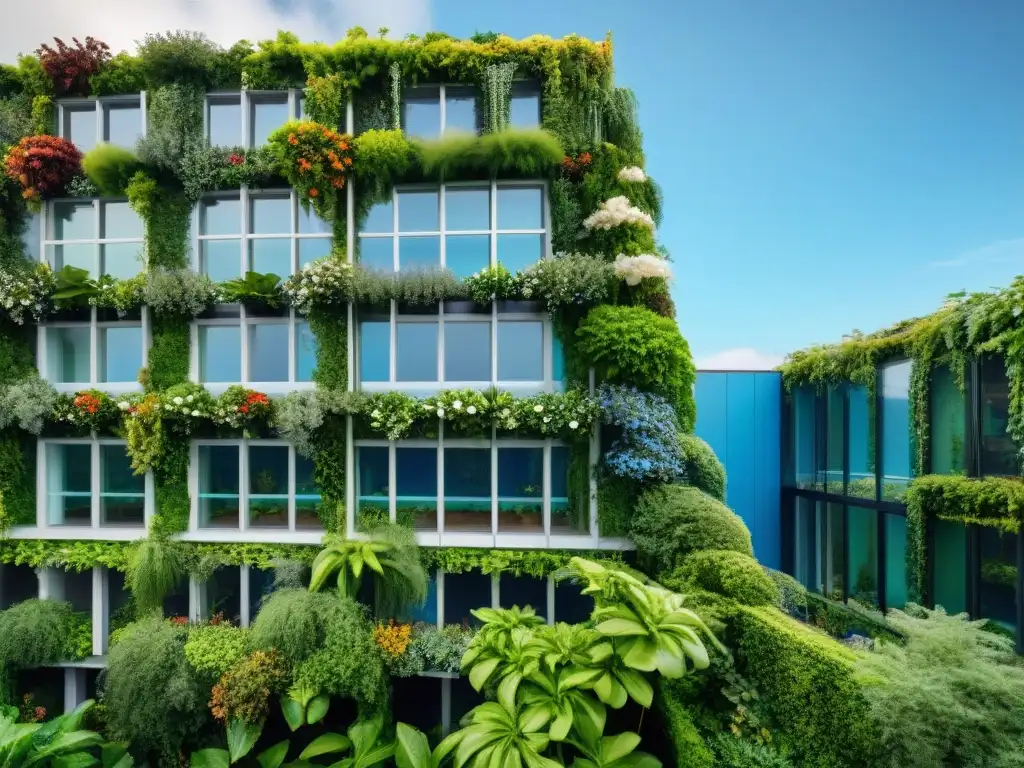 Jardín vertical costero: armonía entre naturaleza y arquitectura Un jardín vertical deslumbrante en una construcción costera moderna, fusionando naturaleza y diseño urbano