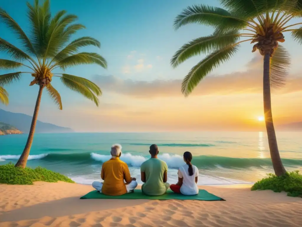 Retiro espiritual en la costa de la India: meditación y diversidad Diversos viajeros meditan en la costa de la India al atardecer, transmitiendo paz y armonía