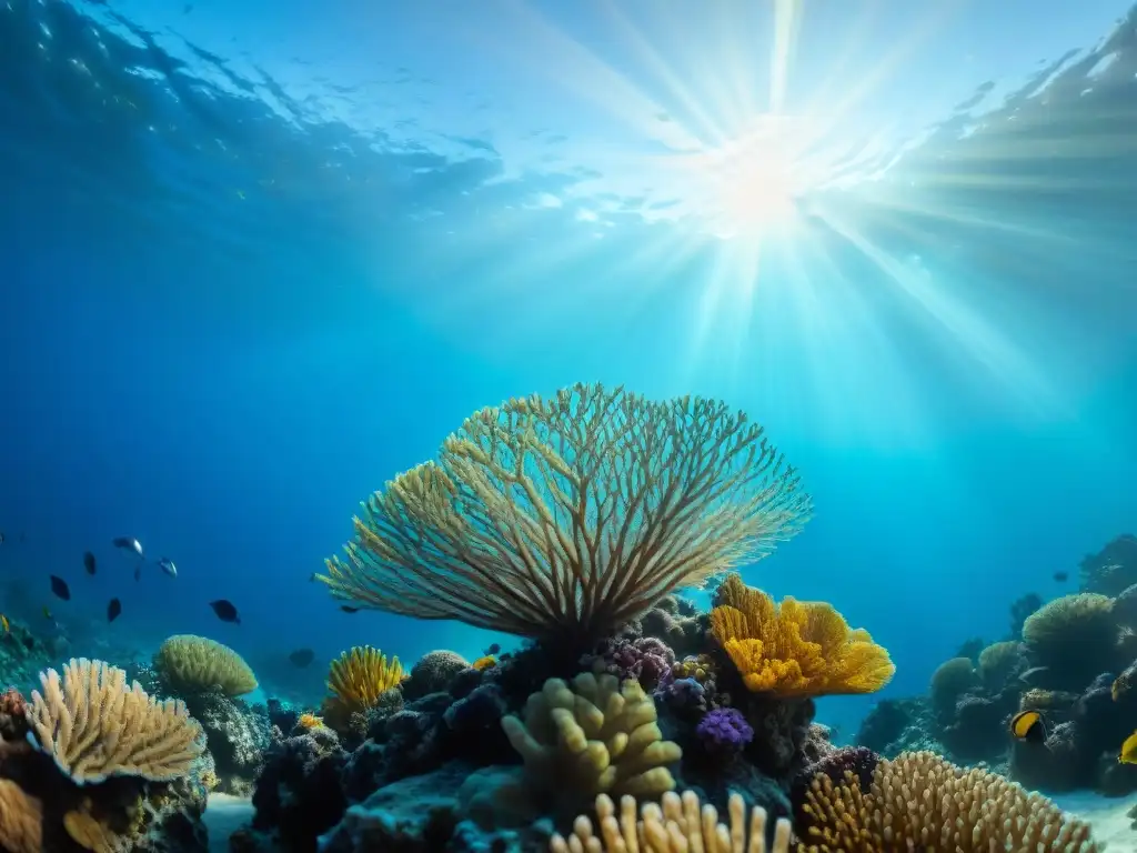 Arrecife de coral vibrante: vida submarina en un mundo de color Un vibrante arrecife de coral bajo el agua, lleno de vida, contra un fondo de océano azul