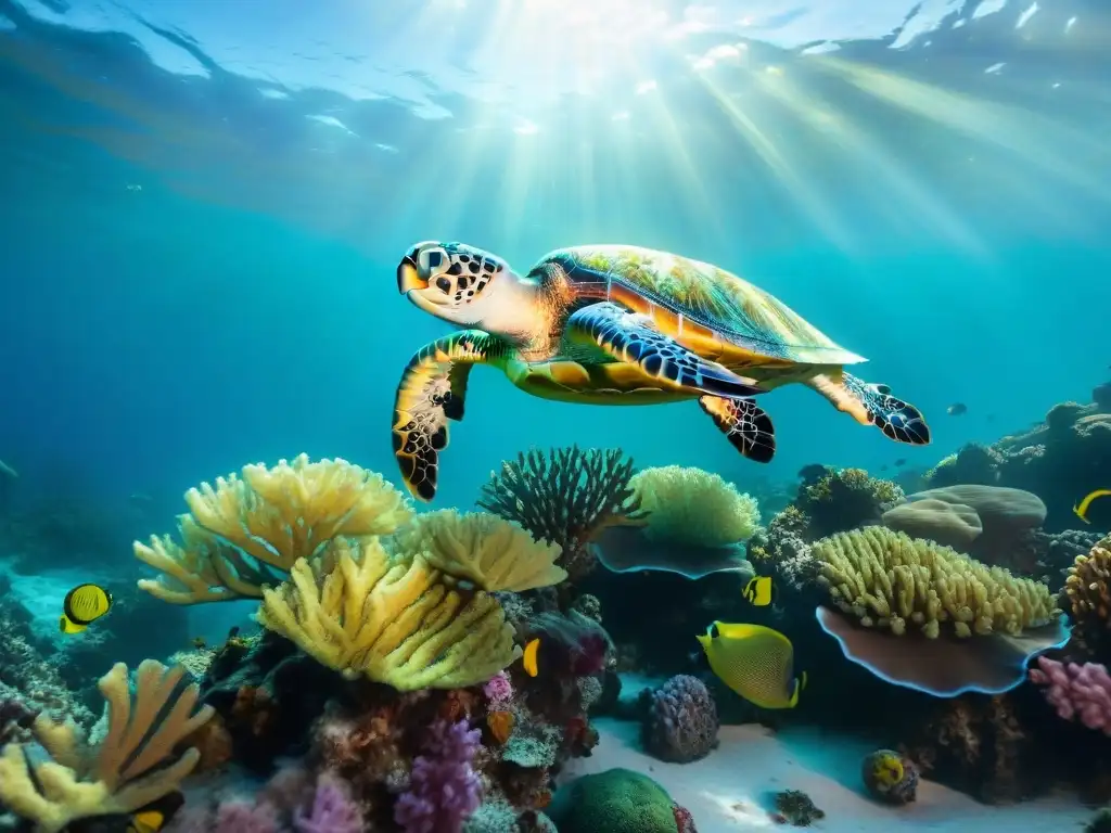 Esplendor marino: arrecife de coral vibrante y diversa vida marina Un vibrante arrecife de coral, con diversa vida marina y una tortuga marina, iluminado por el sol