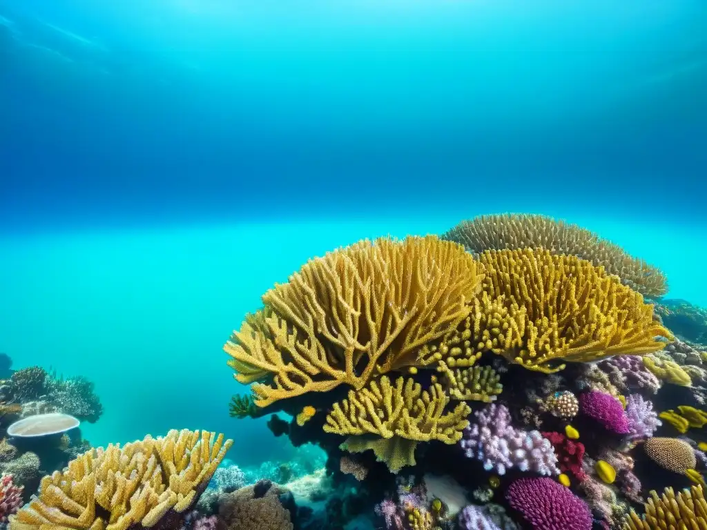 Arrecife de coral vibrante: belleza y diversidad marina Un vibrante arrecife de coral lleno de vida marina, en aguas turquesas, ilustra la belleza y diversidad de los ecosistemas marinos
