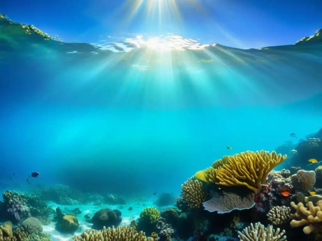 Arrecife de coral vibrante: biodiversidad marina en aguas turquesa Un vibrante arrecife de coral lleno de vida marina, bajo aguas turquesas