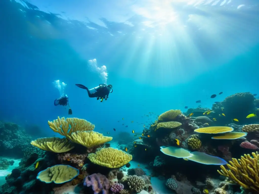 Exploración sostenible en arrecife de coral Un vibrante arrecife de coral lleno de vida marina colorida, buceadores practican buceo sostenible conservación mar submarina