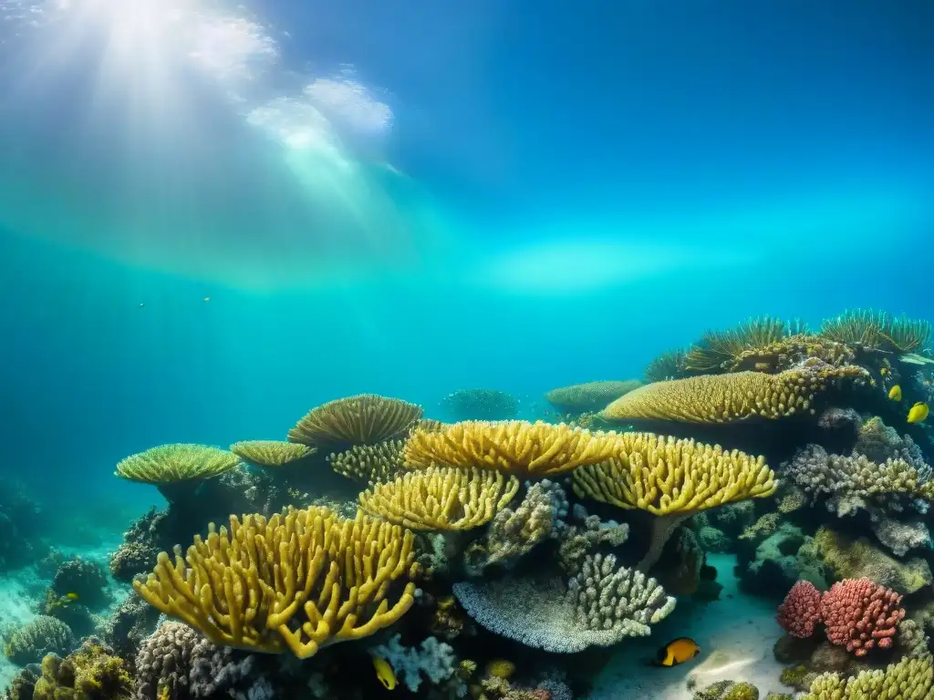 Arrecife de coral vibrante: belleza y biodiversidad marina Un vibrante arrecife de coral lleno de vida marina, resaltando la importancia de la pesca sostenible en la preservación de los ecosistemas costeros