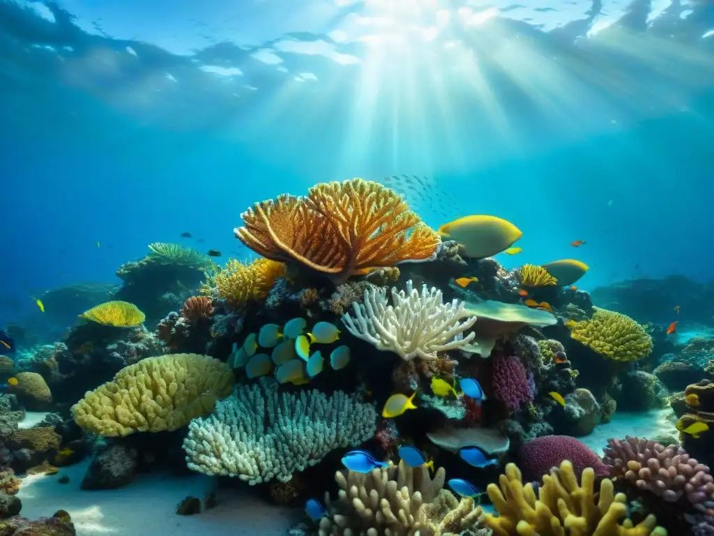 Espléndido arrecife de coral: belleza y biodiversidad marina Vibrante arrecife de coral con peces coloridos, formaciones coralinas e rayos de sol