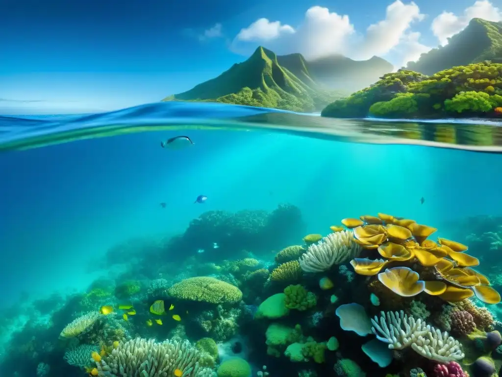 Arrecife de coral vibrante: vida marina en su esplendor Un vibrante arrecife de coral, peces tropicales, tortugas marinas y anémonas en un mar cristalino