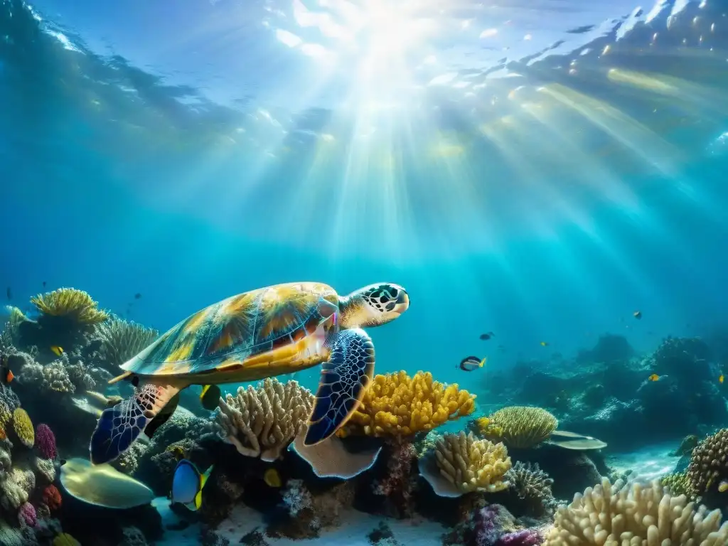 Arrecife de coral lleno de vida marina: un espectáculo natural Un vibrante arrecife de coral con peces coloridos y una tortuga marina majestuosa