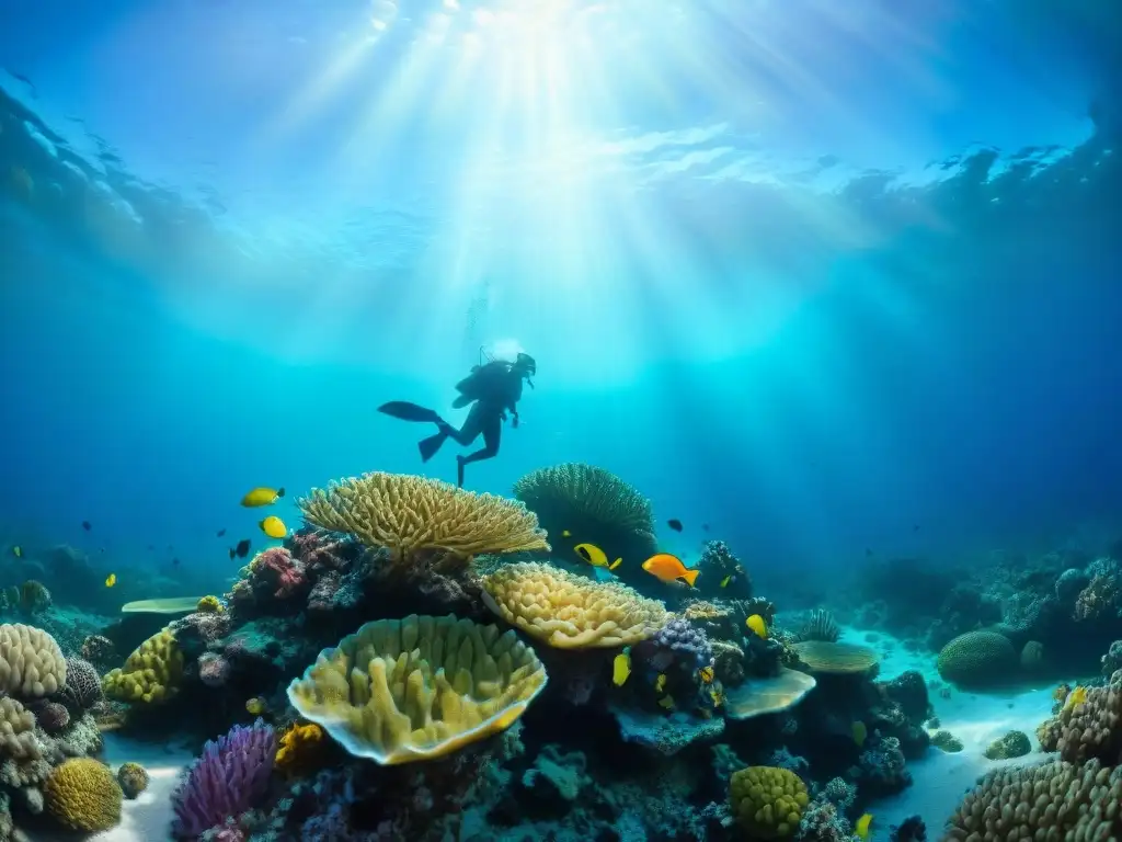 Arrecife de coral vibrante: vida marina en su esplendor Un vibrante arrecife de coral repleto de vida marina colorida y delicada, bajo la luz del sol