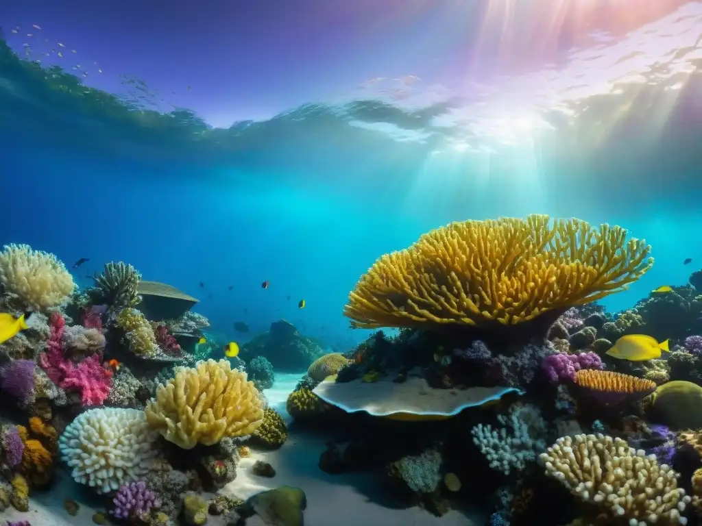 Arrecife de coral vibrante en 8k: vida marina en su esplendor Un vibrante arrecife de coral rebosante de vida marina en aguas cristalinas, resaltando la importancia de la conservación costera y leyes marinas