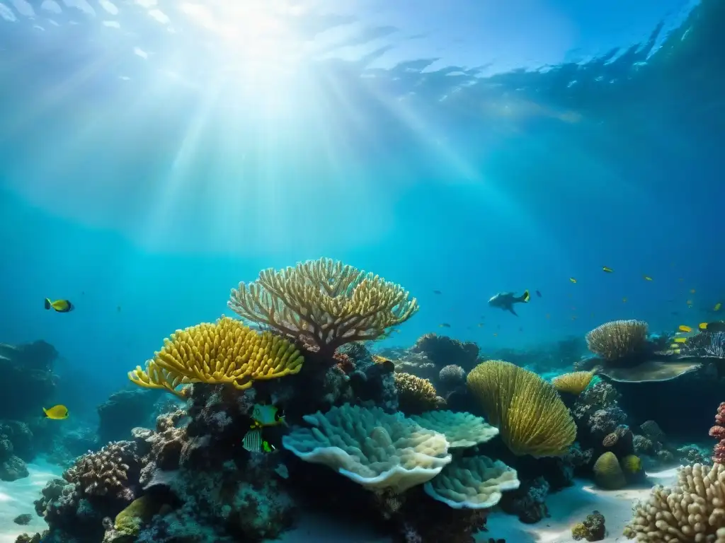 Arrecife de coral vibrante: vida marina en alta definición Un vibrante arrecife de coral rebosante de vida marina única y colorida, bajo la luz del sol en un ecosistema costero de biodiversidad