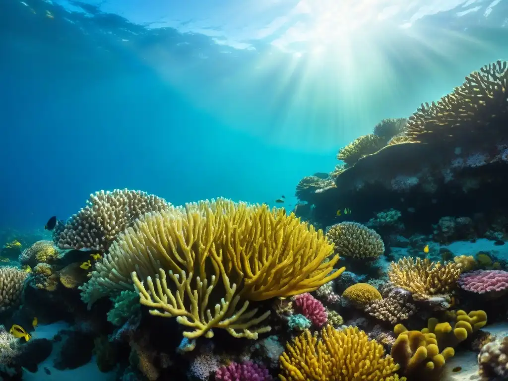 Arrecife de coral vibrante: biodiversidad marina en acción Un vibrante arrecife de coral rebosante de vida marina única bajo el sol