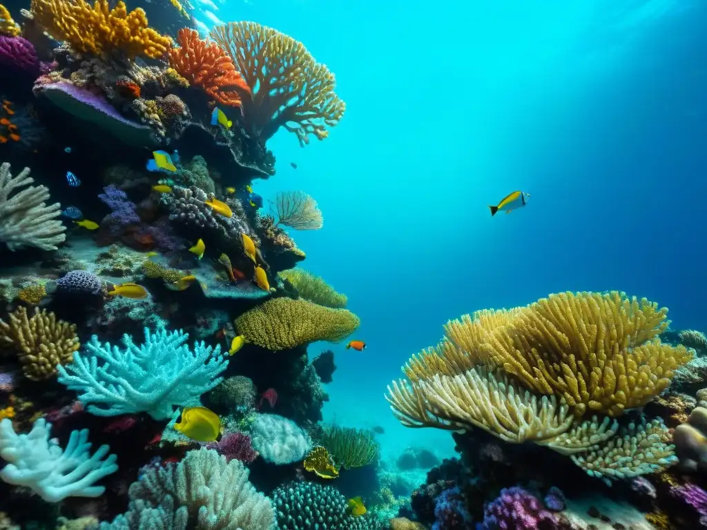 Arrecife de coral vibrante: una maravilla submarina Un vibrante arrecife de coral rebosante de vida marina colorida frente a aguas turquesas
