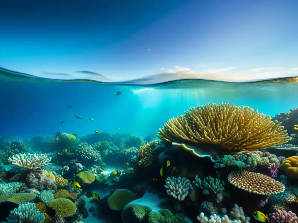 Arrecife de coral vibrante: impacto del cambio climático Un vibrante arrecife de coral rebosante de vida marina, impacto cambio climático ecosistemas costeros
