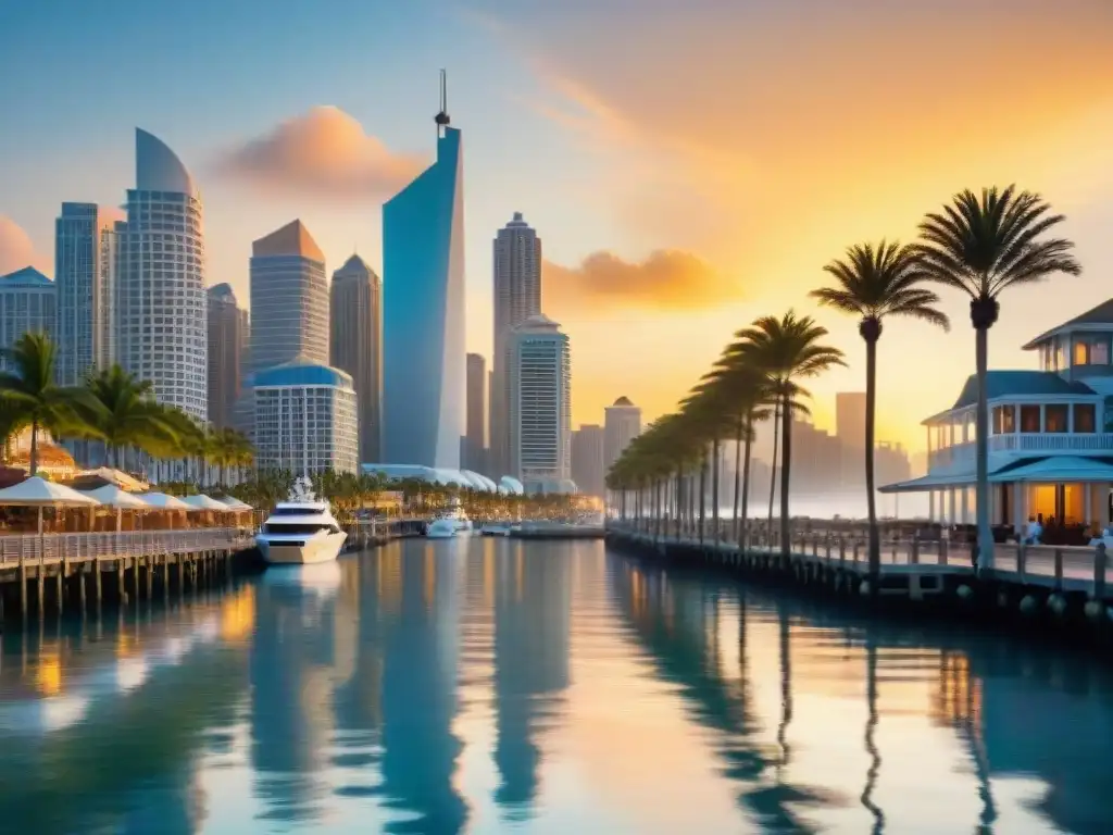 Puesta de sol en ciudad costera: inversión en REITs Un vibrante atardecer en una ciudad costera con rascacielos modernos, veleros en el puerto y un paseo lleno de palmeras