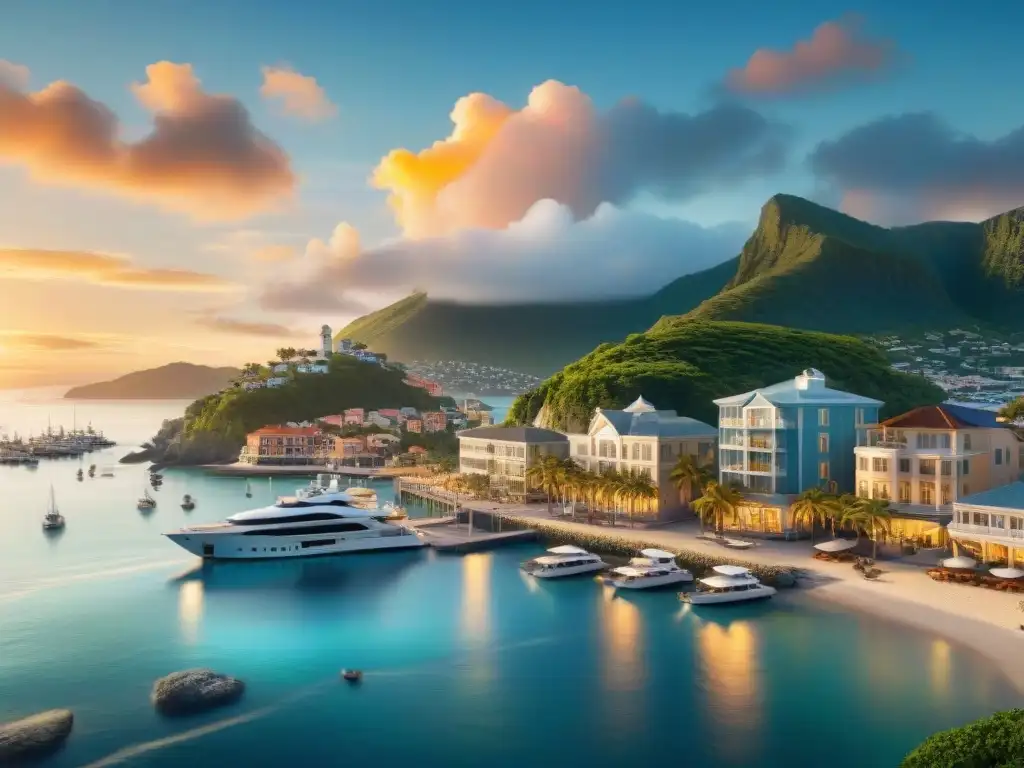Horizonte costero al atardecer: una ciudad vibrante y diversa Un vibrante atardecer en la ciudad costera con rascacielos modernos y edificios históricos
