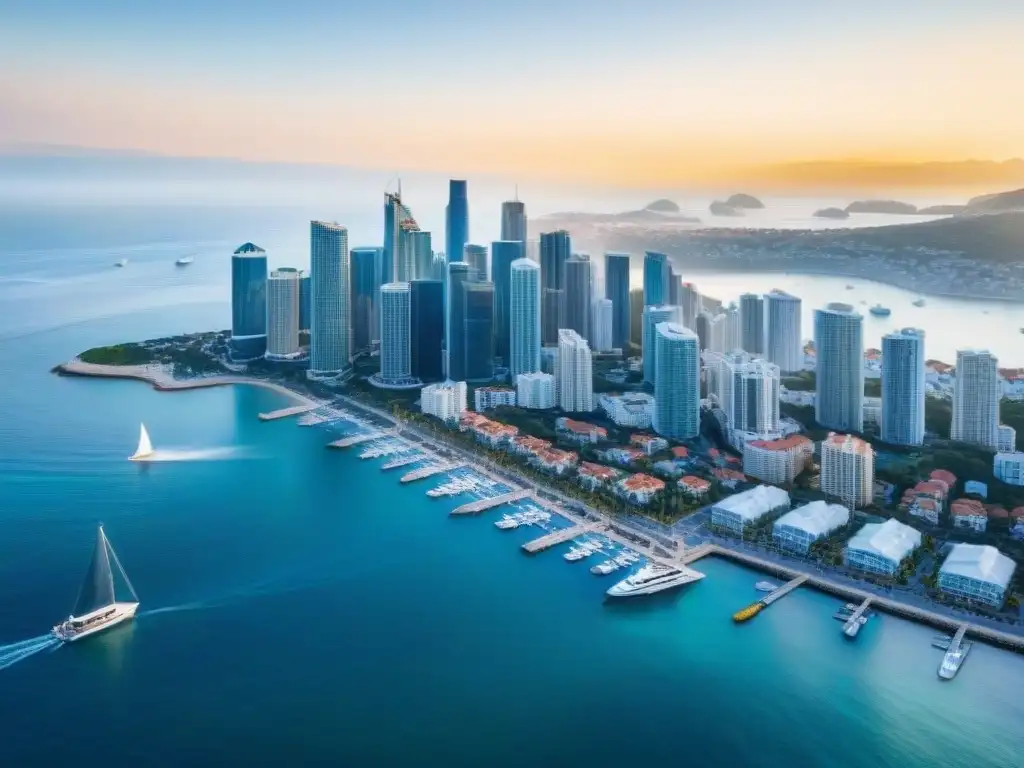 Esplendor costero: skyline urbano frente al mar Un vibrante atardecer en la ciudad costera muestra edificios modernos y barcos en el mar
