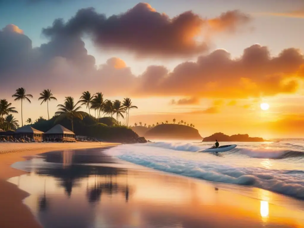 Vibrante escena costera al atardecer: surf, paddleboard y paseos playeros Un vibrante atardecer costero con diversas actividades para mantenerse feliz