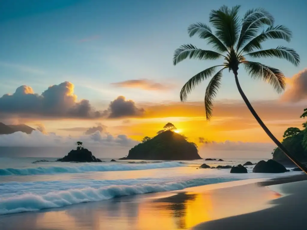 Atardecer vibrante en Parque Nacional Manuel Antonio, Costa Rica Vibrante atardecer sobre Parque Nacional Manuel Antonio en Costa Rica, con surfistas y palmeras
