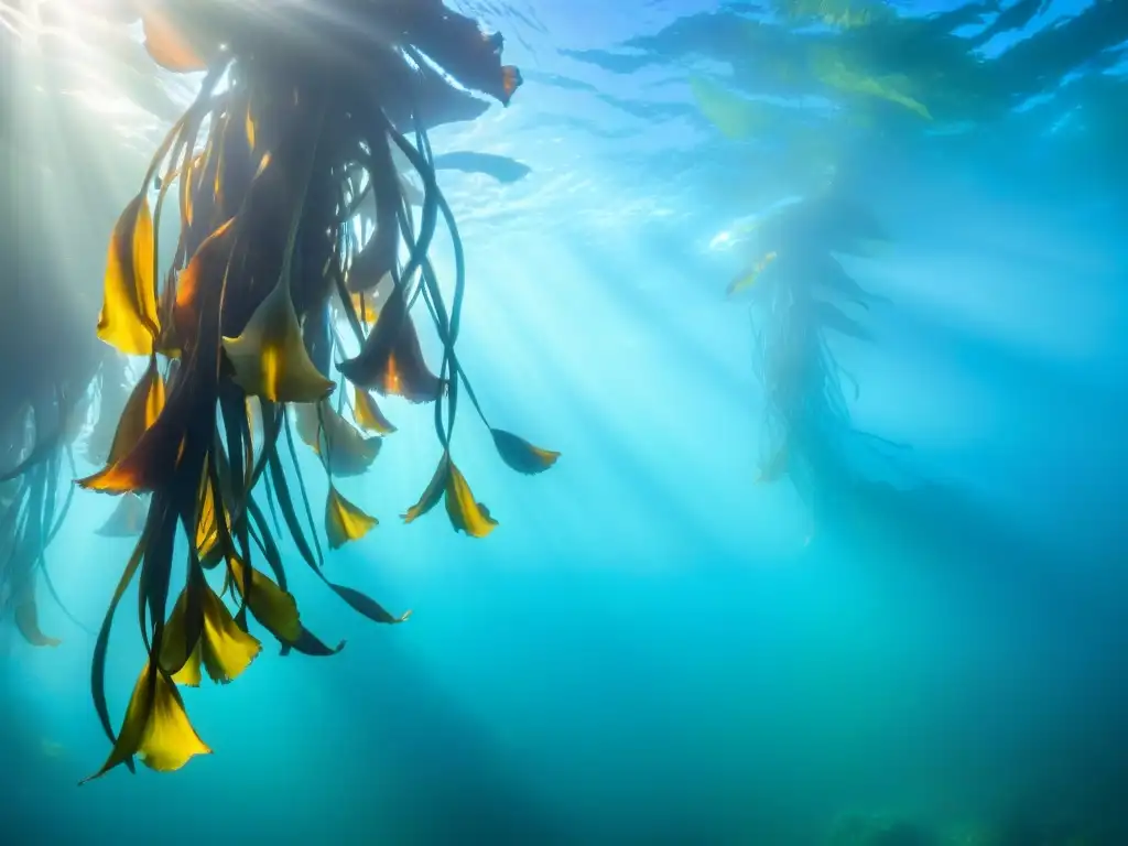Espléndido bosque de algas submarino: vida marina y ecosistema detallados Un vibrante bosque de kelp submarino, hogar de peces coloridos y vida marina, resaltando la importancia ecológica de los bosques de kelp