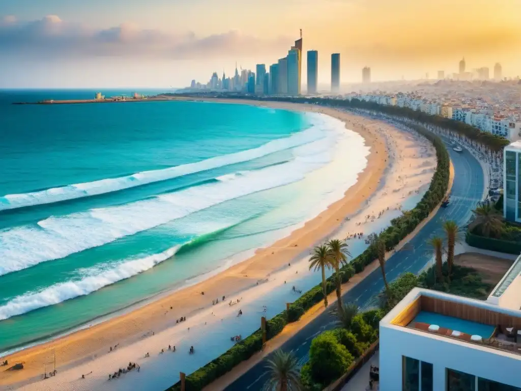 Paisaje urbano y marítimo al atardecer en Tel Aviv La vibrante evolución de Tel Aviv como capital costera innovadora, con rascacielos y el mar Mediterráneo al atardecer