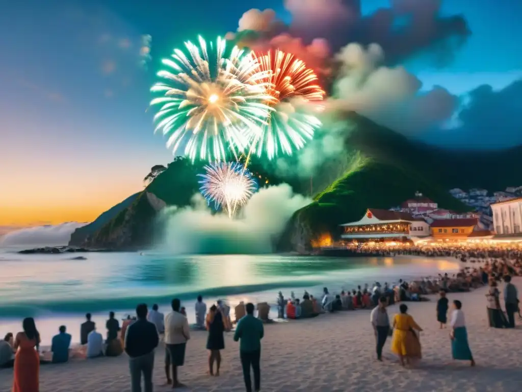 Espectacular celebración de Año Nuevo en pueblo costero al atardecer Vibrante celebración de Año Nuevo en la costa con fuegos artificiales y comunidad unida en tradiciones